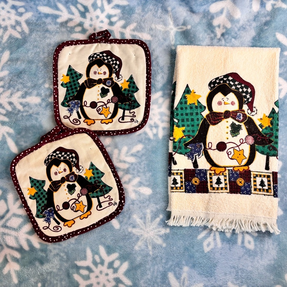 3x Bundle - Festive Holiday Penguin Dish Towel & 2x Pot Holders